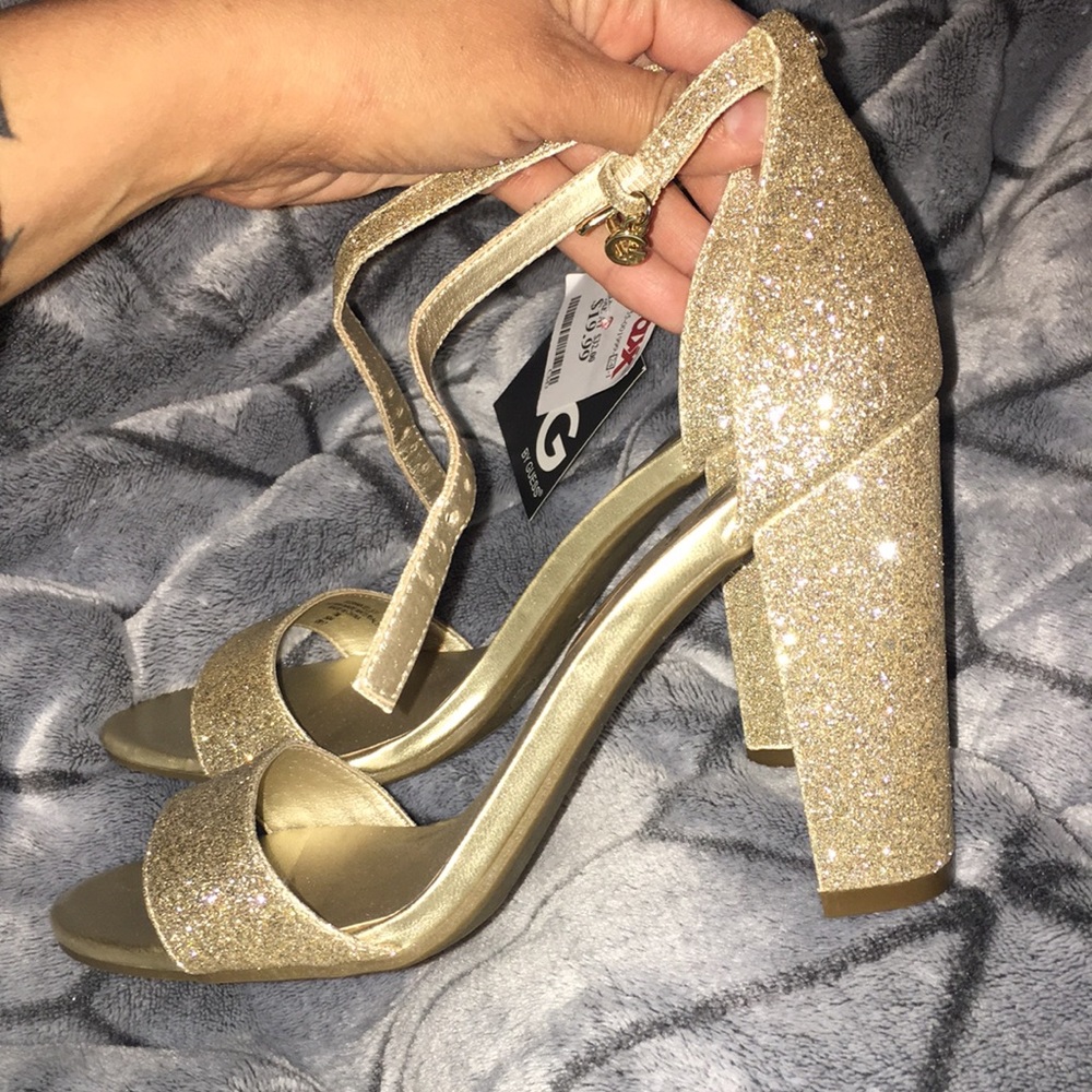 Gold glittery strappy heels by GUESS